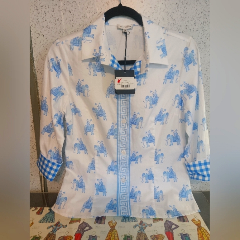Patty Kim Blue and White Patterned Blouse
